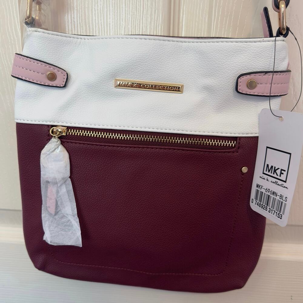 MKF Mia K. Collection Camilla Leather Crossbody Purse Burgundy White Pink NWT